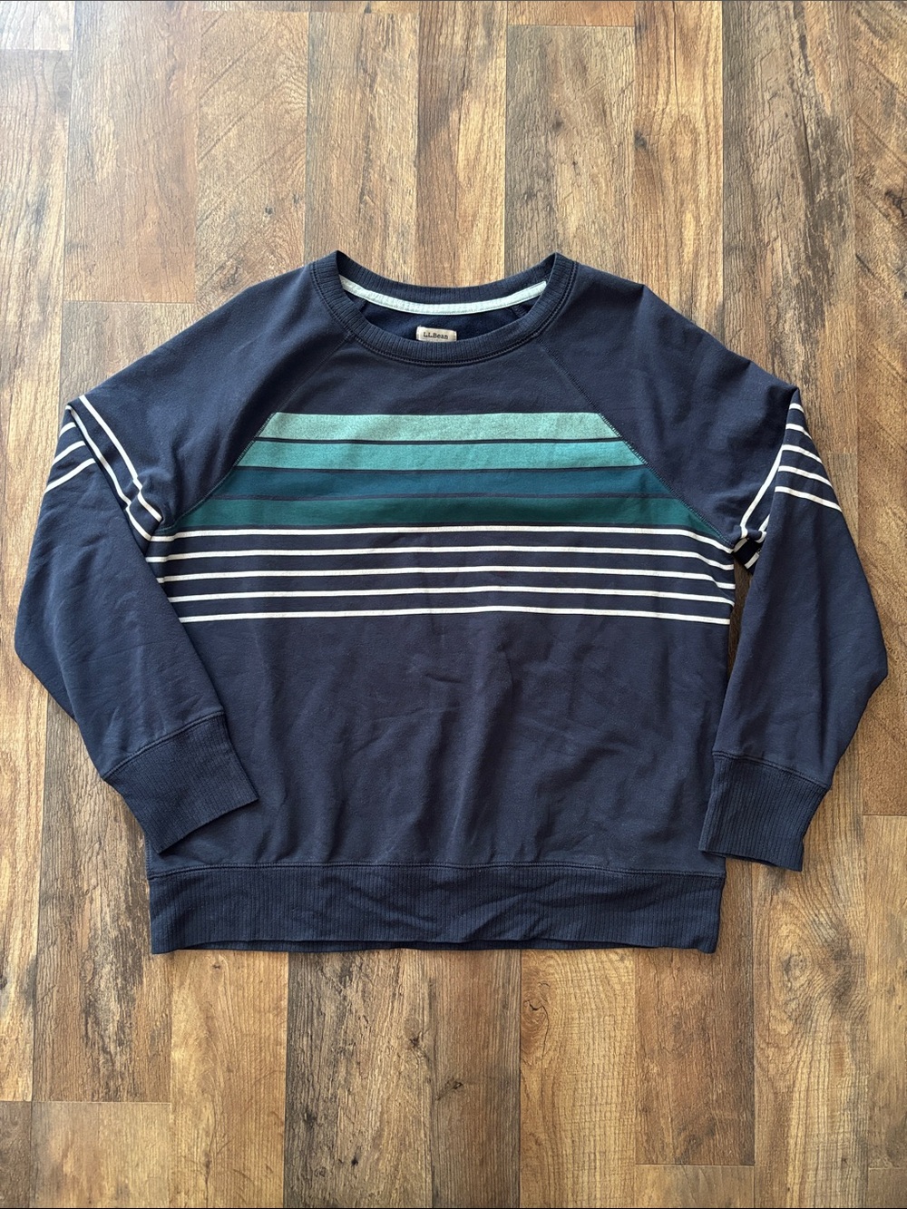 L.L. Bean Navy blue white green striped crewneck lightweight sweatshirt medium